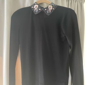 Club Monaco romantic collared sweater - black with lace collar, size small.